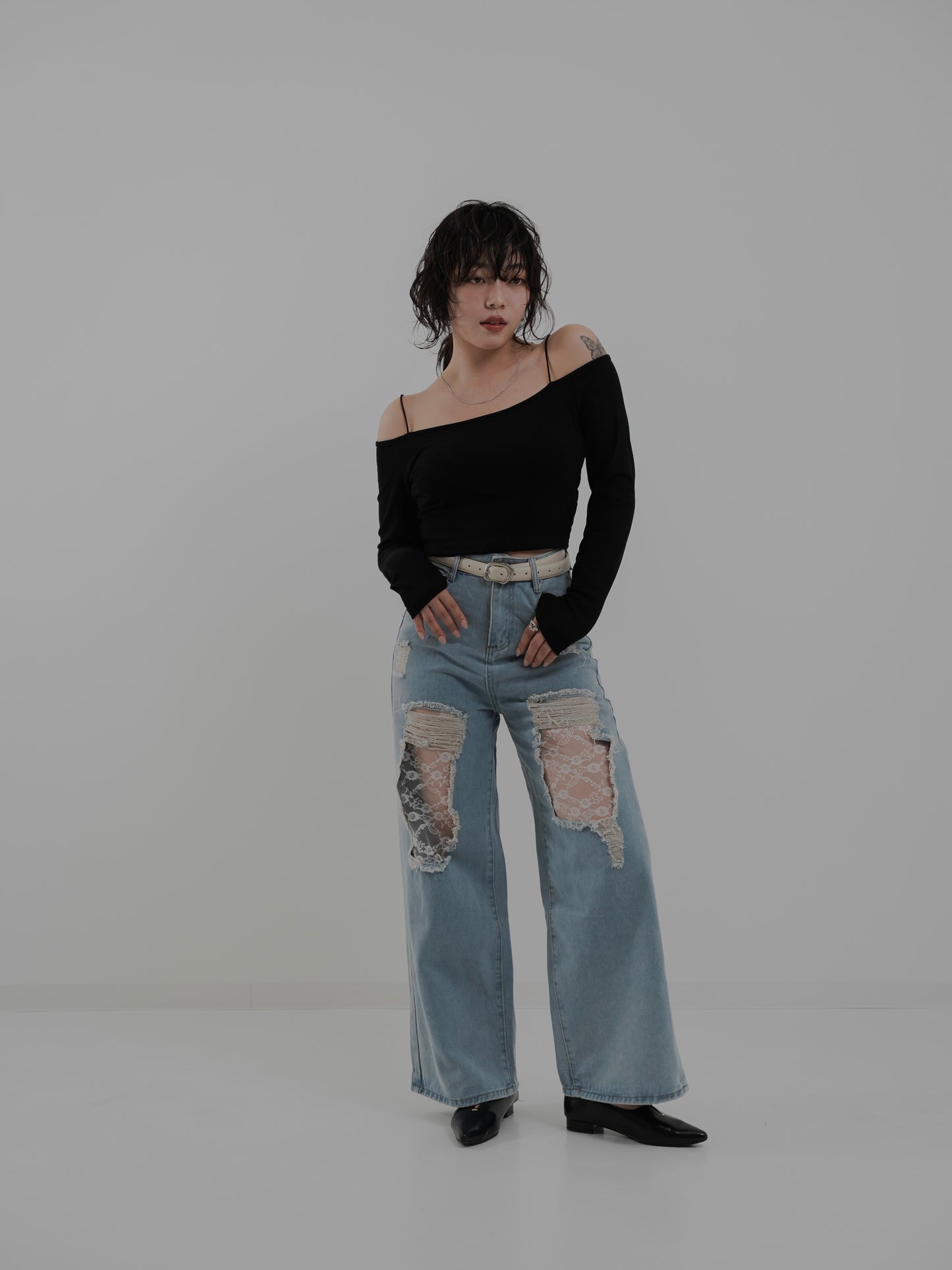 Lace Wide Denim Pants