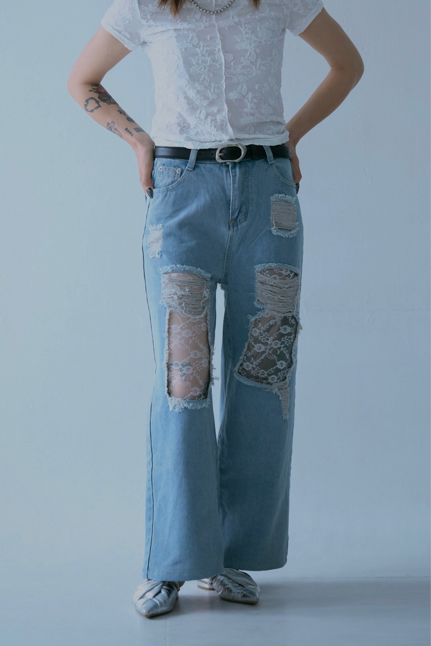 Lace Wide Denim Pants
