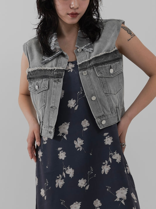 Floral Lace Denim Vest　