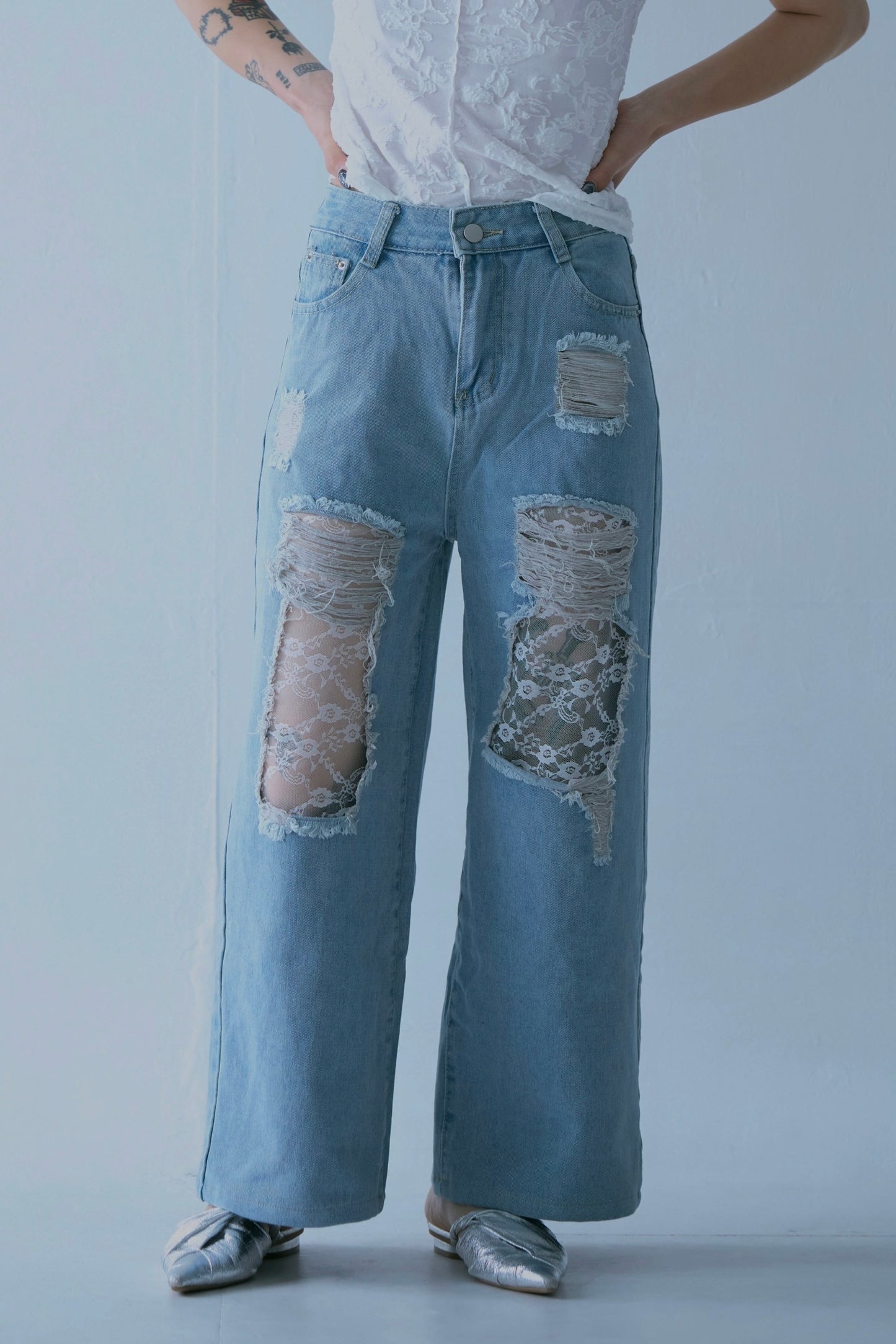 Lace Wide Denim Pants