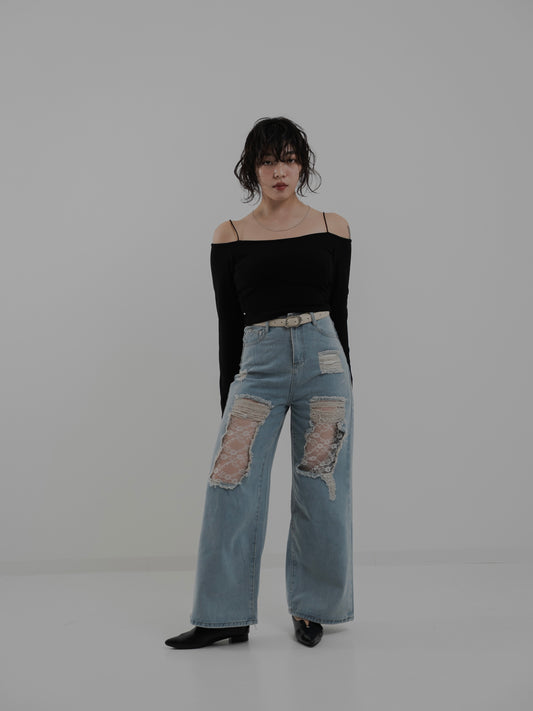 Lace Wide Denim Pants